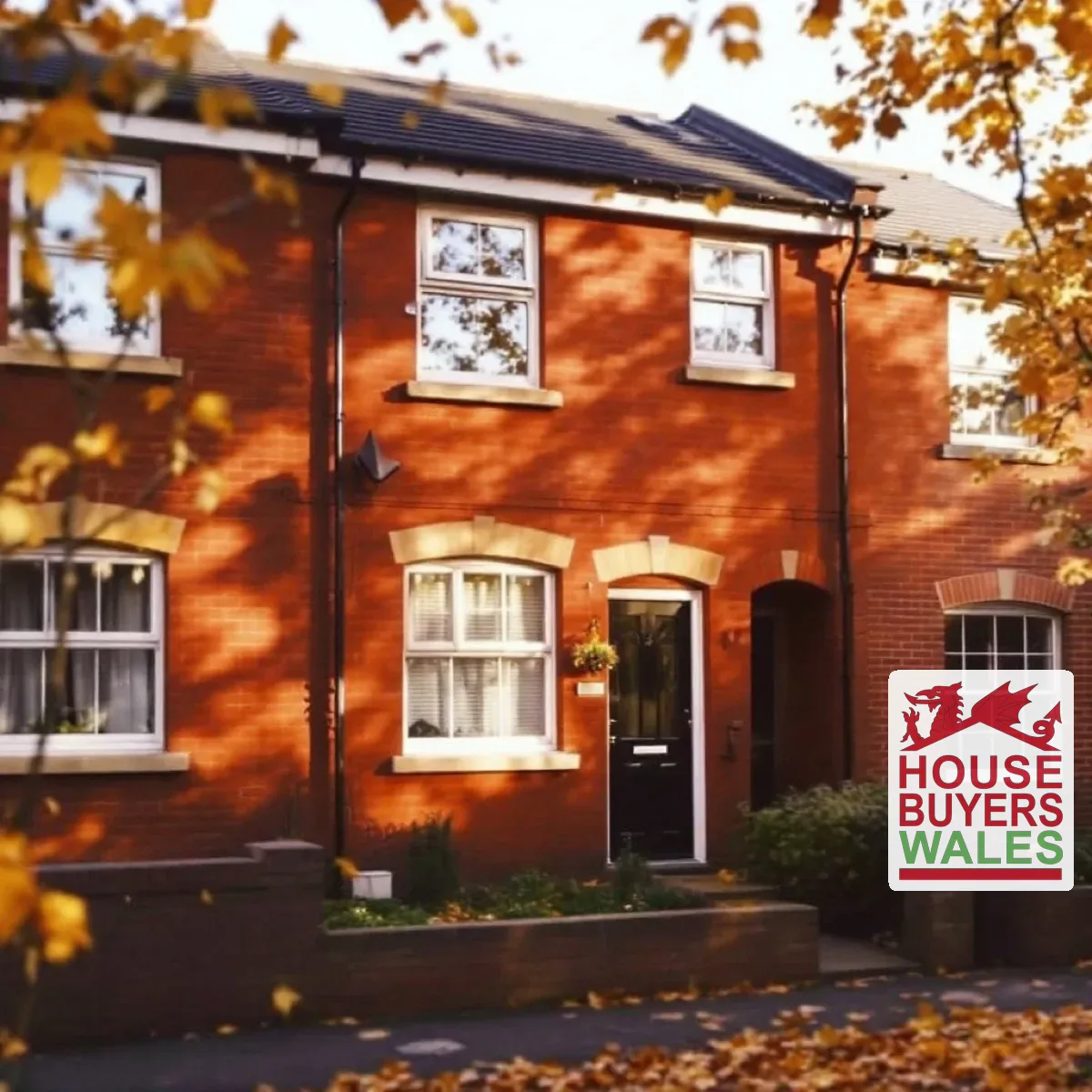 A red-brick South Wales terraced rental house in soft autumn light