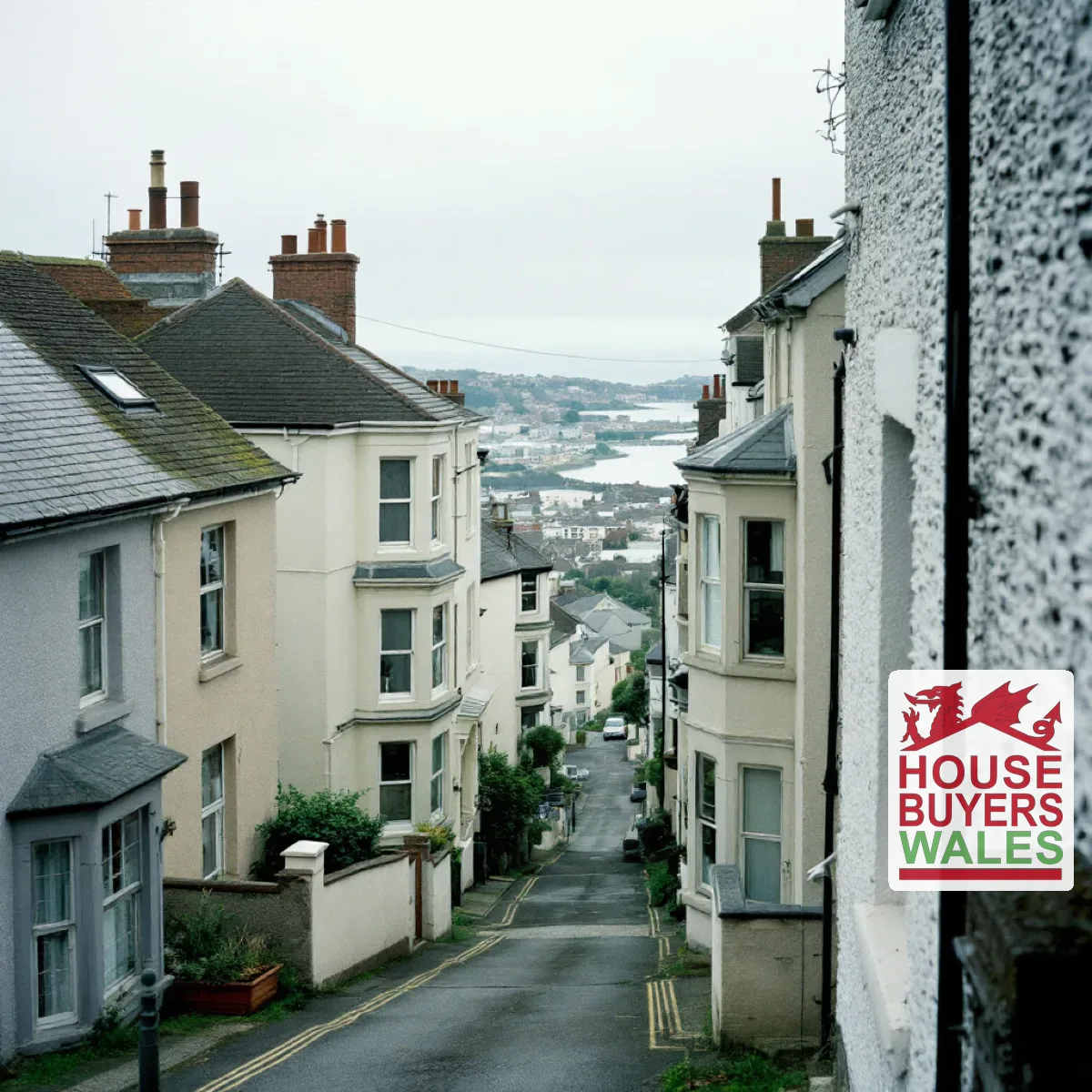 A row of rendered bay-fronted houses on a Swansea hillside street with the sea in the distance