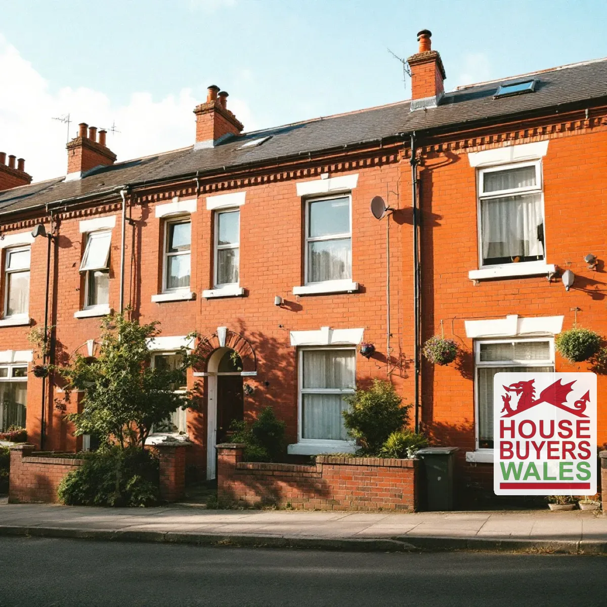 A row of red-brick terraced rental houses on a sunny South Wales street
