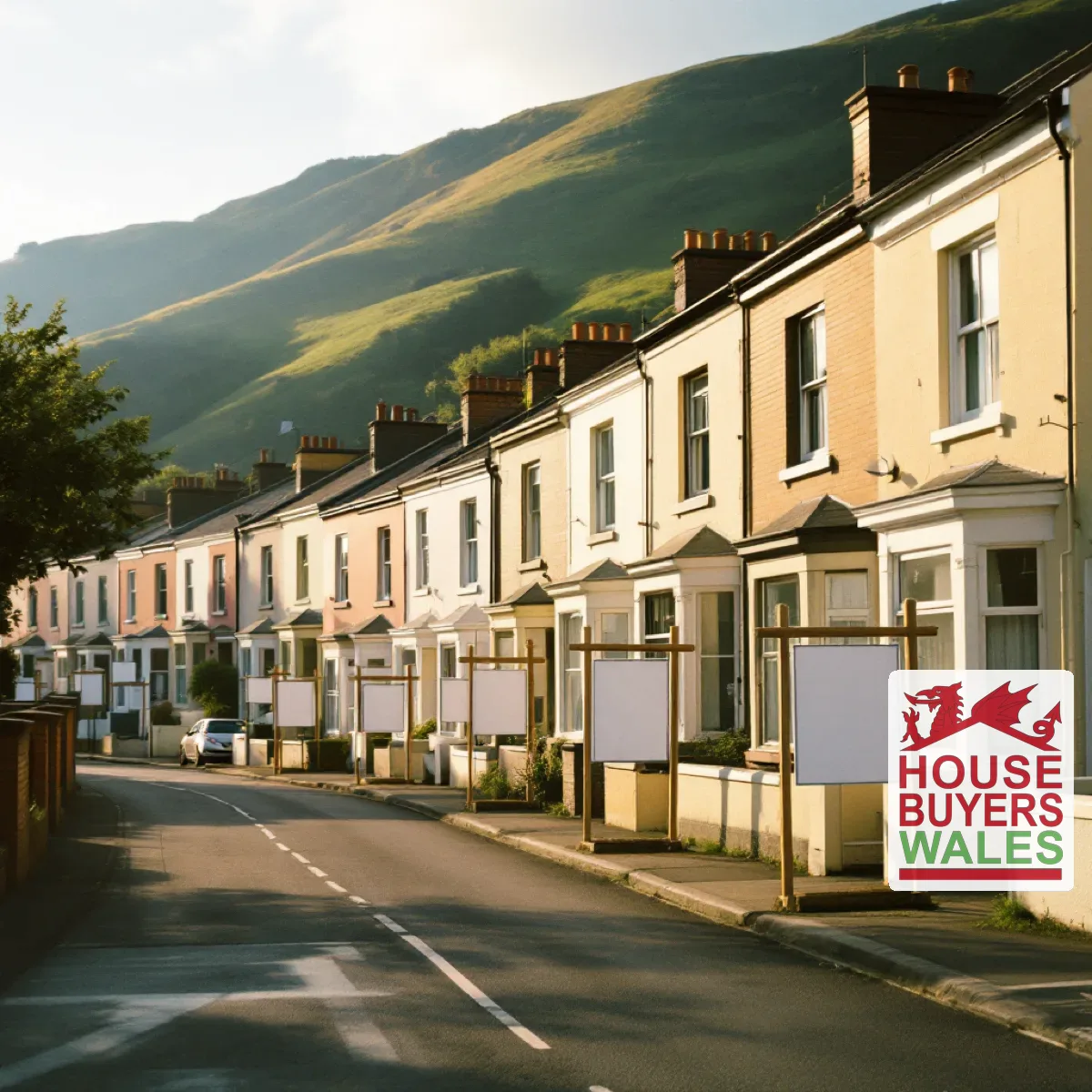 A sunlit street of South Wales terraced houses with several estate agent boards outside and an empty pavement