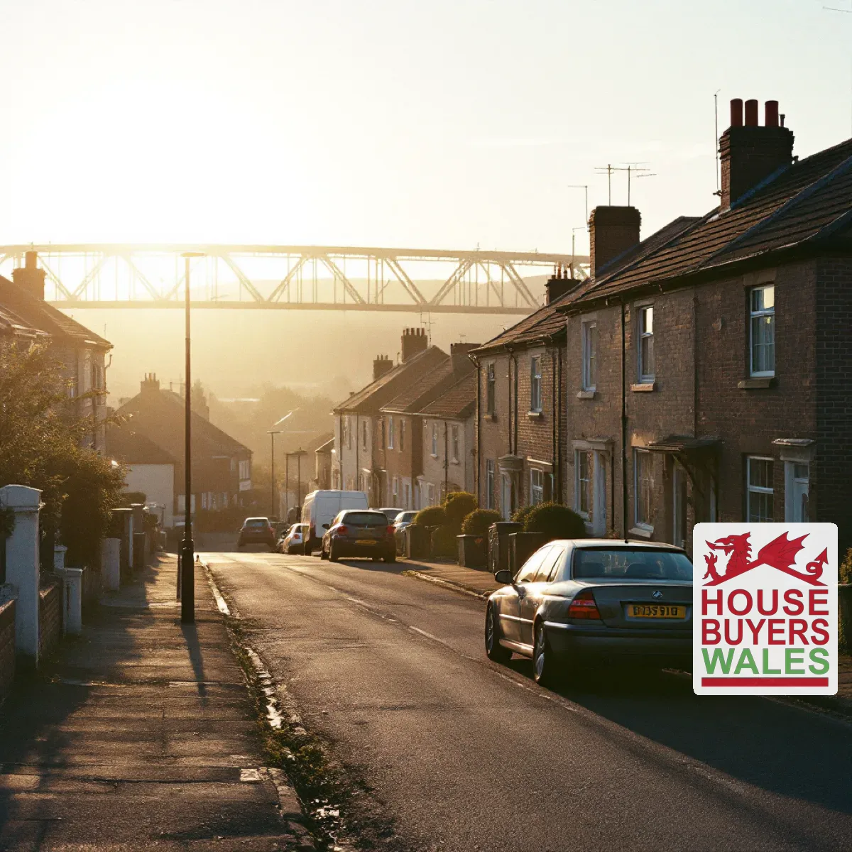 A terraced street in South Wales at dawn, low sun behind a railway bridge in the distance