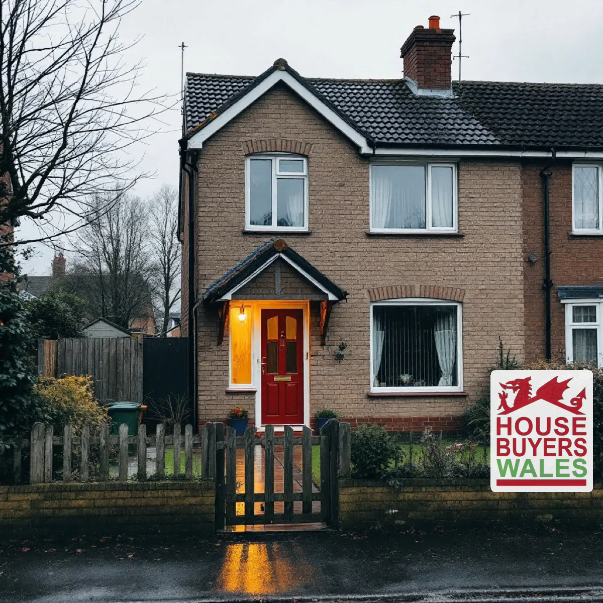 A South Wales semi-detached house exterior on a still, overcast day